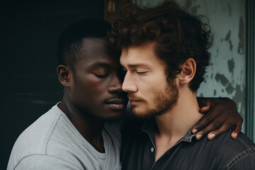 Multiethnic loving gay couple with closed eyes with wall on the background