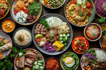 An array of plates filled with diverse international cuisines