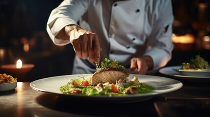 Obraz na płótnie Canvas Action of Professional chef working in restaurant kitchen n a dark background