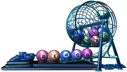 A 3D illustration advertising online bingo games, featuring a stack of mobile devices supporting a wire cage filled with colorful bingo balls.