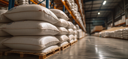 Warehouse with bags of corn or rice in storage facility - obrazy, fototapety, plakaty