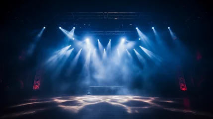 Fotobehang Stage light background with blue spotlight illuminated the stage with smoke. Empty stage for show with backdrop decoration. © Lucianastudio