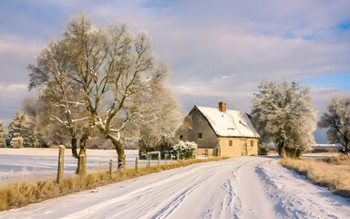 English Countryside wooden home and dried trees on a snow landscape. Empty covered Street or road with White cold snow landscape.