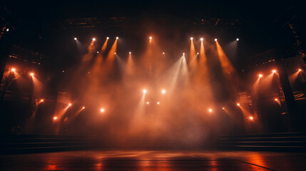 Stage light background with orange spotlight illuminated the stage with smoke. Empty stage for show with backdrop decoration. - obrazy, fototapety, plakaty