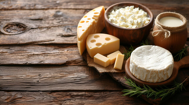 Hearty cheese selection with cottage cheese and milk on aged wooden planks. Copy space, top view