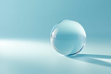 macro of transparent glass ball on light blue background with shadow, blue tones