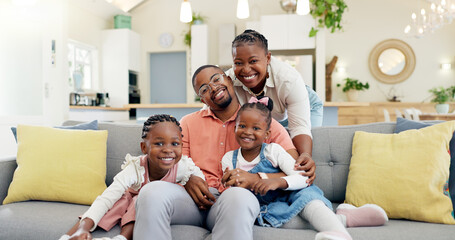 Happy, black family on sofa and in living room of their home happy together for care. Support or...