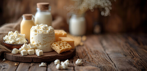 Cottage cheese and Swiss cheese showcased with milk on a rustic wooden board. Copy space