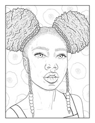 African American girl with afro puff space buns. Line drawing isolated on a white background. A beautiful portrait in fashion style. Coloring page for adults and teenagers. Book anti-stress.