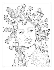 Portrait of a beautiful African woman with a fancy hairstyle and cats on her hands and her head. Anti-stress coloring book for children and adults.