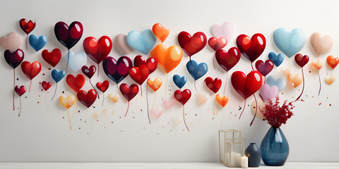 Holiday banner illustration with colorful heart-shaped balloons generated AI