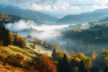 Majestic autumn scenery of foggy valley at Carpathian mountain range at early morning sunrise. Beautiful tonal perspective wide angle panorama. - obrazy, fototapety, plakaty
