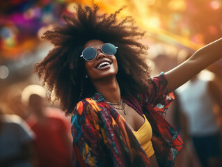 Happy african american woman wearing sunglasses having fun while attending open air music concert...