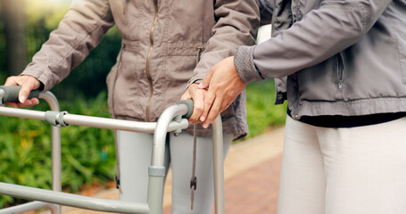 People, support and walking frame in park or outdoor wellness, exercise and physiotherapy. Person...