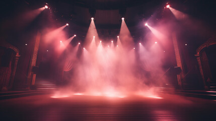 Stage light background with pink spotlight illuminated the stage with smoke. Empty stage for show with backdrop decoration.