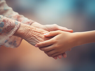 Young woman giving hands to elderly grandmother, close up. Young woman giving comfort and support to senior woman at moment of stress, grief, despair, disease. Family, empathy concept. - obrazy, fototapety, plakaty