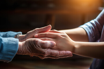 Senior patient holding caregiver for a hand while spending time together.