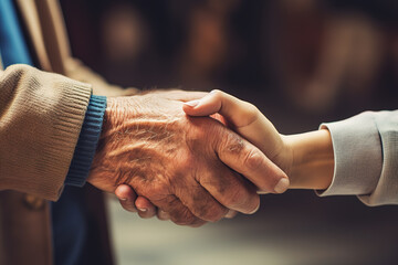 Senior man holding young female for a hand while shaking hands, close up.