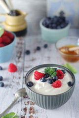 A bowl with Greek yogurt with berries	