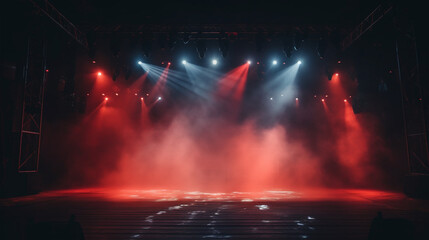 Obraz premium Stage light background with red spotlight illuminated the stage with smoke. Empty stage for show with backdrop decoration.