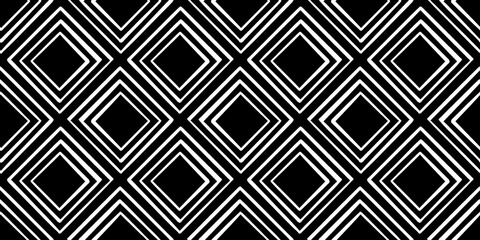 Seamless playful hand drawn black and white concentric diamond stripes fabric pattern or wallpaper motif. Abstract cute diagonal mosaic squares background texture in a trendy doodle line art style.
