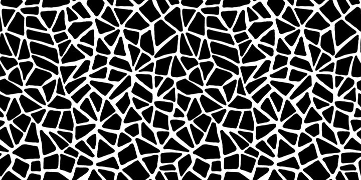 Seamless playful hand drawn black and white cracked cobblestone tile mosaic fabric or wallpaper pattern. Abstract cute broken kintsugi polygons background texture in a trendy doodle line art style.
