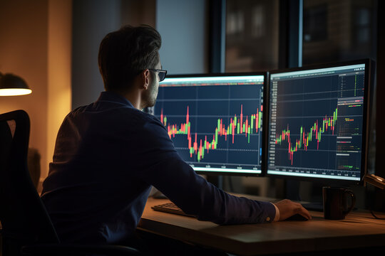 Businessman checking stock exchange report graphs on multi-monitors at office.