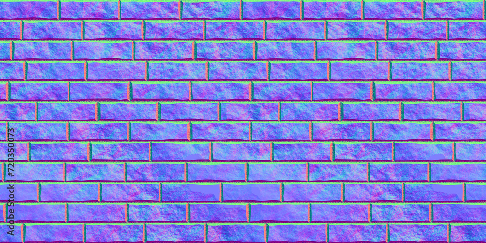 Poster Seamless rough subway brick wall normal map background texture. Old rustic grungy brickwork repeat pattern. Realistic 8k game or architecture design height bump mapping material shader 3D rendering.