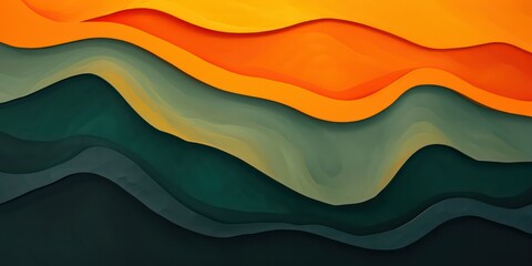Orange waves on a background, in the style of rounded shapes dark green and light yellow.