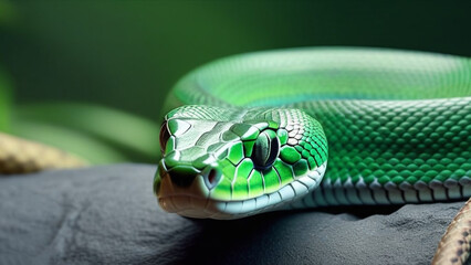 Bright green snake on a stone. Close-up of a dangerous reptile in a zoo. - obrazy, fototapety, plakaty