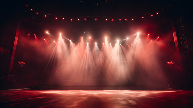 Stage light background with red spotlight illuminated the stage with smoke. Empty stage for show with backdrop decoration.