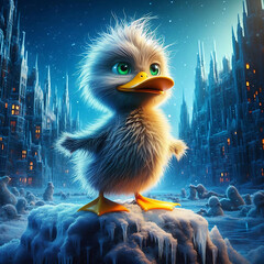 Super hairy duckie in a frozen city, in a pixar-style created by generative ai