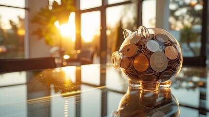 Transparent Piggy Bank Filled with Euro Coins on Reflective Surface at Sunset