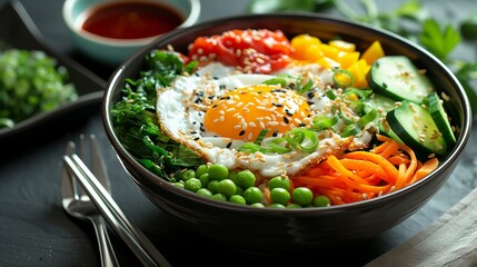 Colorful bowl of bibimbap with vibrant fresh vegetables and a fried egg.