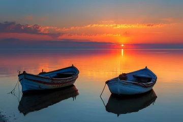 Fotobehang Two rowboats anchored in calm sea at sunrise © Amer