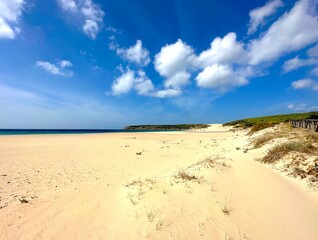 Wunderschöner Strand und Dünen an der Playa de Bolonia an der Costa de la Luz, Andalusien, Cádiz, Spanien