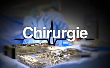  Chirurgie Schriftzug, im Hintergrund die Herzfrequenz und ein Operationssaal mit Chirurgen am...