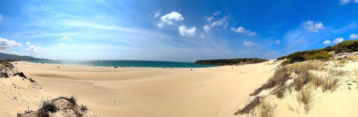 panorama view of the beautiful beach Playa de Bolonia at the Costa de la Luz, Andalusia, Cadiz,...