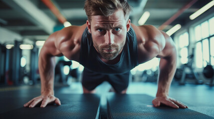 Fototapeta premium Man practicing plank in the gym. 