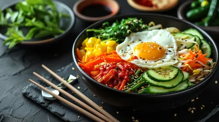 Fototapeten Colorful bowl of bibimbap with vibrant fresh vegetables and a fried egg. © Omtuanmuda