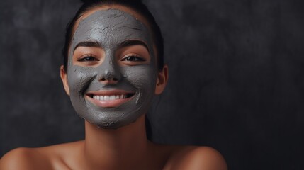 Spa facial treatments for woman. Dark skinned brunette happy girl smiles with a clay face mask on a dark gray background.  Take care of your skin. The health, beauty and youth concept - obrazy, fototapety, plakaty
