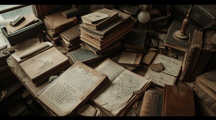 Somber collection of aged books, open manuscripts, and historical documents strewn across a classic wooden desk. - obrazy, fototapety, plakaty