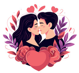 Vector illustration of Valentine's Day, beautiful guy and girl hugging, kissing, love, hearts, on a background of flowers. Holiday concept on white background