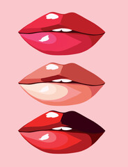 Vector set illustration of beautiful bright juicy lips on a gentle trend palette background. Makeup fashion, love, style, trend color
