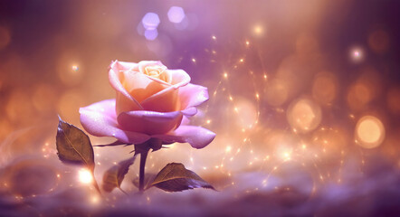 Obraz premium a single rose is sitting on a table with lights in the background and a blurry background behind it, generative ai