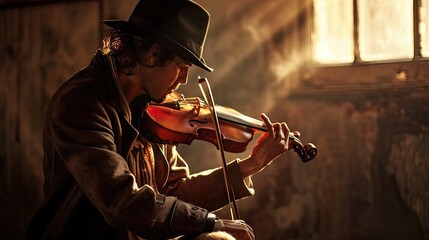 Musician playing the violin in a dark room. Vintage style