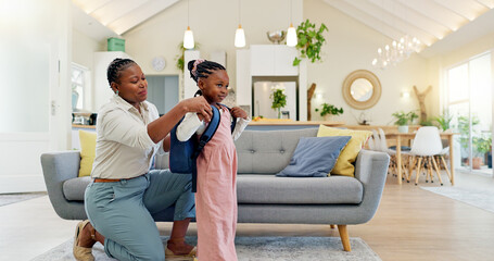 Talking, happy and a mother with a child getting ready for school in the morning. Kiss, laughing...