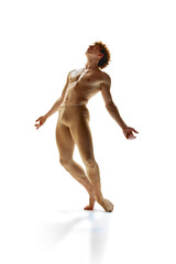 Naklejka premium Time of ballet. Contemporary dance choreographer and dancer freeze in moment of his performance against white background. Art, motion, action, inspiration concept. Natural beauty of male body.