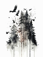 Watercolor Dark Forest Illustration Isolated on White Background. Colorful Digital Landscape Art