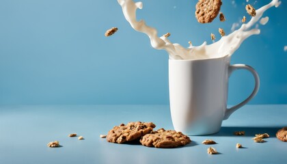 A cartoon image of a cup of milk with cookies falling into it
